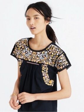 Madewell Black Short-Sleeve Embroidered Blouse